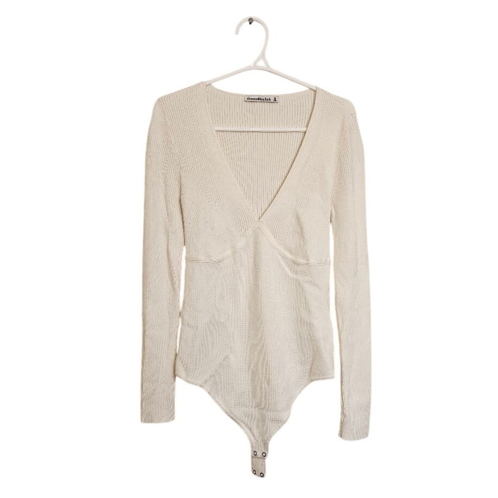 Abercrombie & Fitch Women Ivory Ribbed Long Sleeve V-Neck Bodysuit Medium